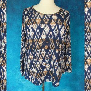 LulaRoe Lynnae Long Sleeve Top Navy Brown Print 3X